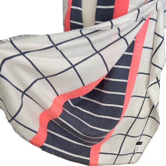 J.Crew Womens Grid & Stripe Ruana Scarf wrap With Coral Accent Polyester/Viscose - Picture 4 of 7